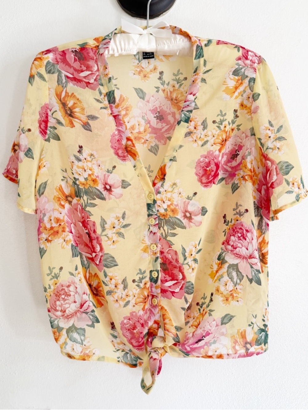 Forever 21 Sheer Yellow Vintage Floral Tie-Front Cottagecore Blouse Top